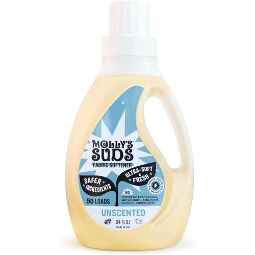 Molly’s Suds Natural Fabric Softener Liquid for Sensitive Skin | Plant-Based, Infused with Essential Oils | Fights Static, Reduces Wrinkles, Deodorizes | Unscented, 50 Loads