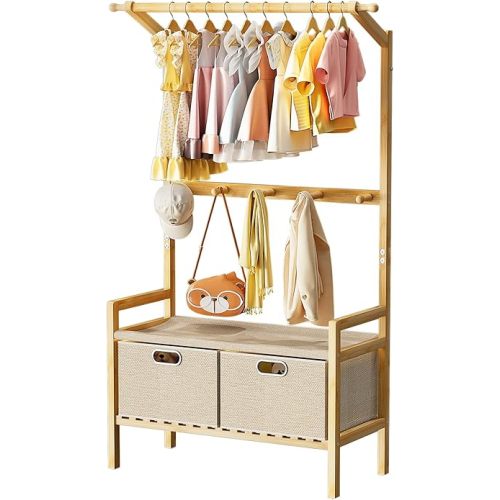 Luxspire Kids Clothing Rack, Bamboo Kids Dress up Rack with 1 Hanging Rod, 5 Hanging Hooks & 2 Fabric Drawers, Toddler Dress up Storage for Bedroom, Playroom, Nursery, Laundry, Burlywood