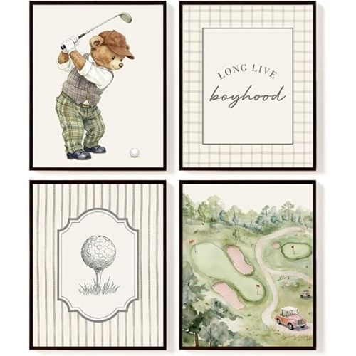 SkyCozy Vintage Golf Bear Nursery Wall Art Decor, Long Live Boyhood Golfer Bear Poster & Prints, Sports Nursery Wall Art for Toddler Boys Kids Room Bedroom Playroom Decor 8x10Inch Set of 4(UNFRAMED)
