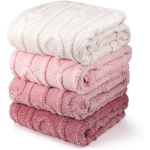 4 Pcs Fleece Baby Heart Checkered Throw Blanket 30" x 40" Heart Baby Girl Receiving Blanket Pack Soft Plush 3D Fluffy Infant or Newborn Receiving Pink Warm Nursery Swaddling Essentials Gifts
