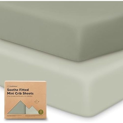 2-Pack Mini Crib Sheets Fitted - 38x26 Pack N Play Sheets for Pack and Play Mattress, Organic Cotton, Soft & Breathable Playard Bedding, Neutral Mini Toddler Bed Cover for Boys, Girls (Lichen)