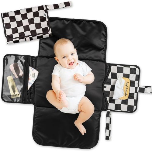 Tiny Twinkle Portable Diaper Changing Pad | Waterproof, Wipeable & Compact Baby Changing Pad for Travel | Smart Wipes Pocket & Organized Storage| Newborn Shower Gift (Black Checkers)