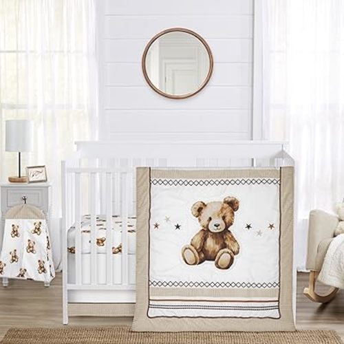 Sweet Jojo Designs 4-Piece Baby Crib Bedding Set (Boho Teddy Bear) for Boys/Girls, Infants/Nursery incl. Blanket, Fitted Sheet, Skirt, Diaper Stacker (Brown, Watercolor, Classic, Wholesome Aesthetic)