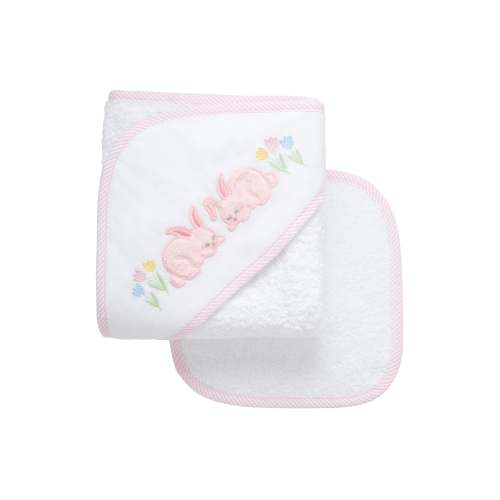 Bunny Applique Hooded Towel & Washcloth Set, Pink