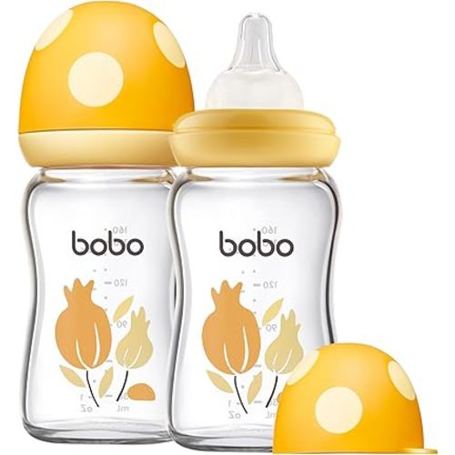 YOHKOH Natural Glass Baby Bottle with Natural Response Nipple, Newborn Anti-Colic Baby Bottles, Wide Neck Mushroom Cap Baby Bottle, Clear (Yellow, (5.4oz (Pack of 2))