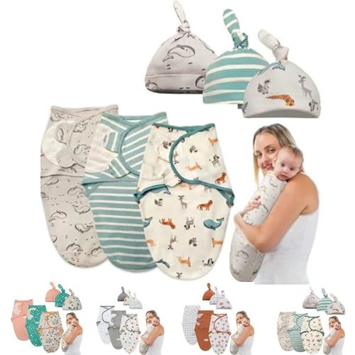 Mutualproducts Baby Swaddles with Hats for Newborn Boys and Girls - 3 Pack Organic Cotton Easy Adjustable Swaddle Blanket - Infant Cozy Sleep Sack Baby Swaddle - Lovely Grey Print - Small/Medium 0-3 Months - Baby Romper-baby Sleepwear 2