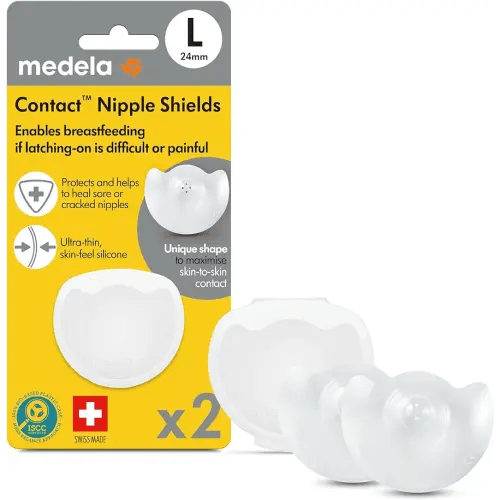 Medela Contact Nipple Shield for Breastfeeding, 24mm Medium Nippleshield, For Latch Difficulties or Flat or Inverted Nipples, 2 Count with Carrying Case, Made Without BPA (Packaging May Vary)