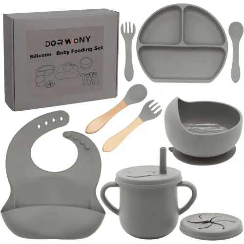 100% Silicone baby feeding set,BPA free Baby dishes set with Suction Bowl Divided Plate,Toddler Self Feeding Dish Set with Spoons Forks Sippy Cup And Bib, Baby Eating Utensils (Grey)