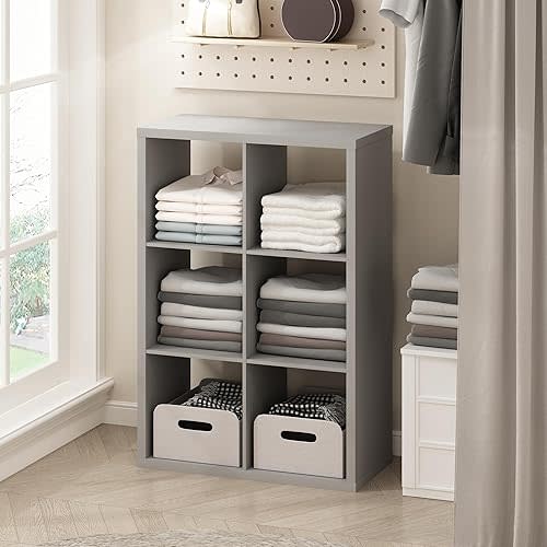 Furinno Cubic Open Back Multipurpose Clothing & Closet Storage Organizer Shelf, 6-Cube, Light Grey