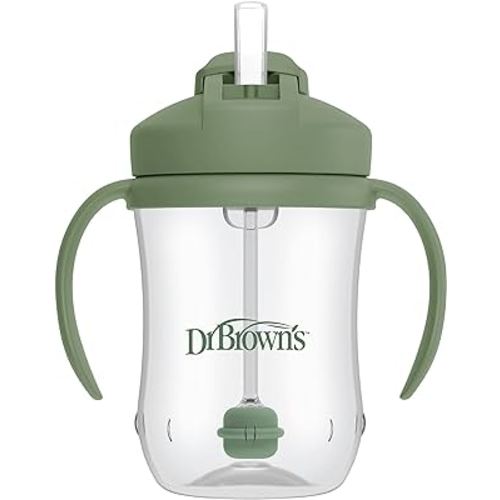 Dr. Brown’s Milestones Baby’s First Straw Cup, Training Cup with Weighted Straw, Olive Green, 6m+