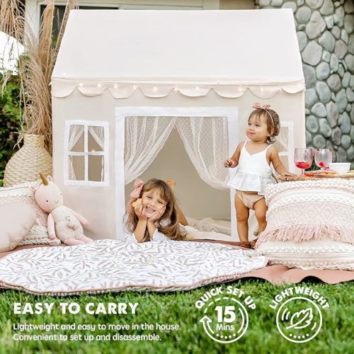 Tiny Land Play Tent with Padded Mat & LED Lights, Kids Tent, Playhouse for Kids, Indoor Bed Tent for Toddler, Toys for 3,4,5,6-Year-Old Girls, Neutral Color Play Room Furniture - Playhouse Tent
