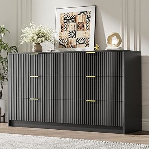MAISONARIA Black 6 Drawer Dresser for Bedroom, 55" Wide Modern Chest of Drawers with Gold Metal Handles, Fluted Wood TV Stand for Living Room, Hallway