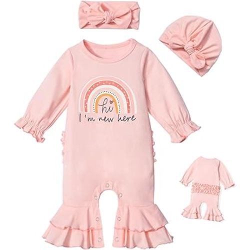 Newborn Girl Clothes Ruffle Letter Print Romper Infant Bell Bottom Jumpsuit Boho Baby Girl Clothes with Headband Hat