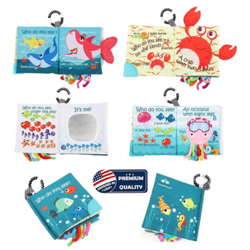 Fish Baby Books Toys, Touch Feel Cloth Crinkle Books for Babies,Baby Infant Toys 0-6, 6-12, 12-18 Months,Early Learning Education Toys,Shower Baby Gifts for Boys Girls,Teething,Mirror,Shark Ocean Book