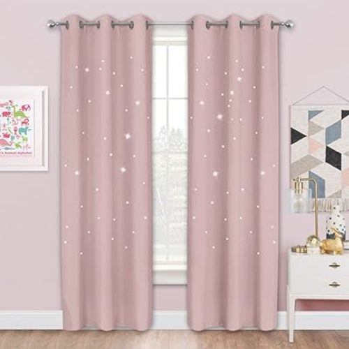 NICETOWN Blackout Curtains for Girls Bedroom, 42 x 84 Inches Star Cut-Out Kids Window Curtains 2 Panel Sets, Room Darkening Grommet Thermal Insulated Nursery Drapes, Light Pink
