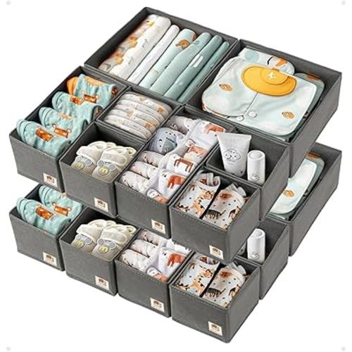16 Pack Drawer Organizer for Baby Clothes, Nursery Drawer Organizer for Baby Diaper, Collapsible Deep Fabric Drawer Organizer with Zipper for Socks, Bra, Towels, Ties, Grey