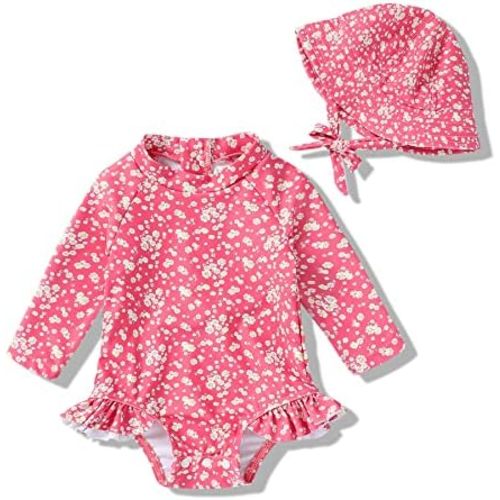 Infant Baby Girl Swimsuit One-Piece Long Sleeve Rash Guard with Hat Set Floral Zipper Bathing Suit Leopard Beach Wear