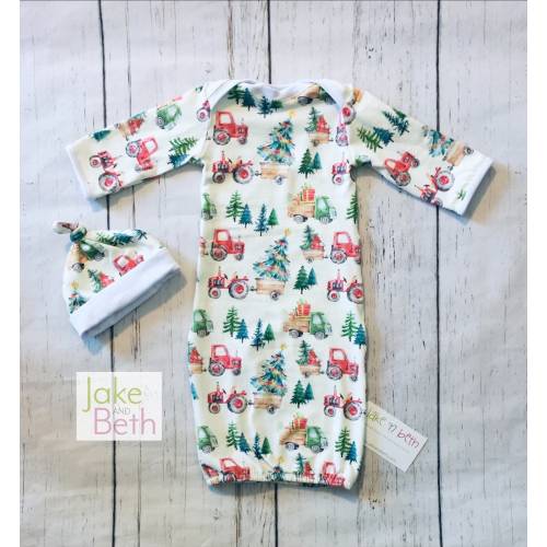 Christmas baby gown, newborn set, gender neutral, first Christmas outfit, Christmas tractors