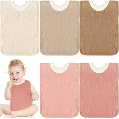 Newwiee Large Muslin Pullover Baby Bibs Full Coverage Toddler Slip on Absorbent Bib Waterproof Toddler Towel Bibs(Cute Color, 5 Pcs)