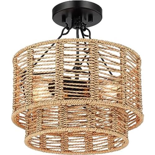 12.6'' Rattan Semi Flush Mount Ceiling Light