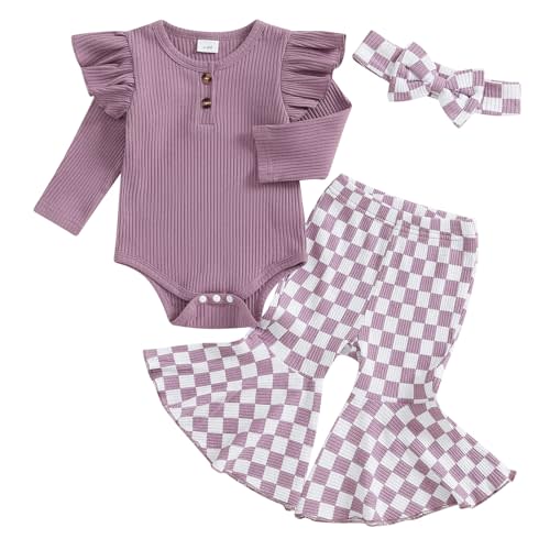 MERSARIPHY Newborn Baby Girl Clothes Ribbed Knit Ruffle Romper Bodysuit Bell-Bottom Pant Set 3Pcs Infant Fall Winter Outfits