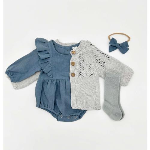 Baby Girl Linen French BLUE Ruffle Bubble Romper | OPTION SETS socks + Bow + Cardigan | Gabriella