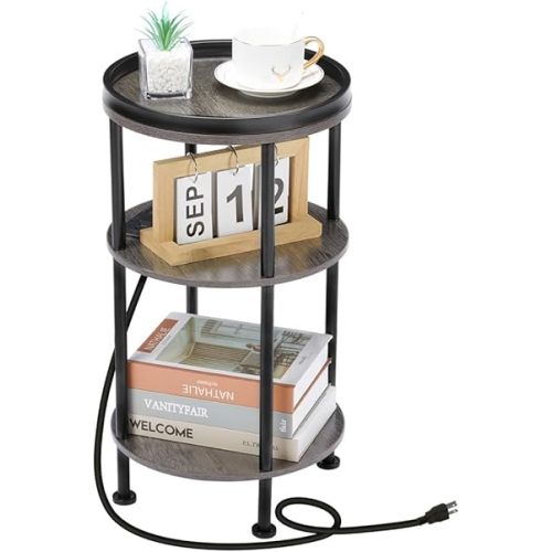 Small Round Side Table with Charging Station for Small Spaces, 3-Tier Accent Table with USB Ports & Power Outlets, Sofa Corner Tea Table for Living Room Nightstand Bedroom Apartment (Grey)