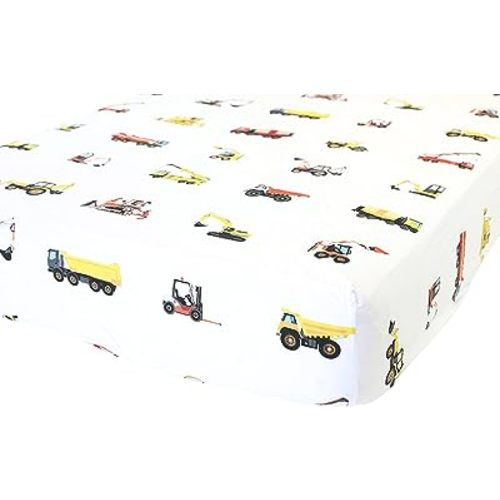 100% Cotton Fitted Crib Sheet - Premium Baby Bedding - Soft, Breathable & Durable - Construction Trucks Print