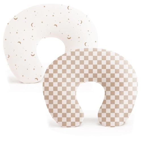 Konssy 2 Pack Nursing Pillow Covers, Stretchy and Soft Nursing Cover for Breastfeeding Pillows, Pillow Slipcover for Baby Girls Boys Newborn (Moon,Coffee Check)