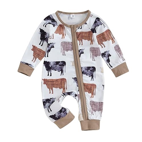 SAYOO Western Baby Cowboy Clothes Neutral Zipped Fall Romper Outfit for Boy Girl Infant Lapel Cow Print One-piece Jumpsuit