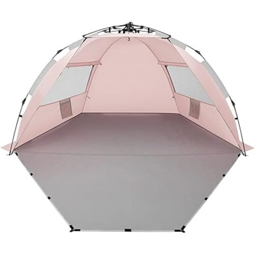 Oileus X-Large 4 Person Beach Tent Sun Shelter - Portable Sun Shade Instant Tent for Beach with Carrying Bag, Stakes, 6 Sand Pockets, Anti UV for Fishing Hiking Camping, Waterproof Windproof, Pink