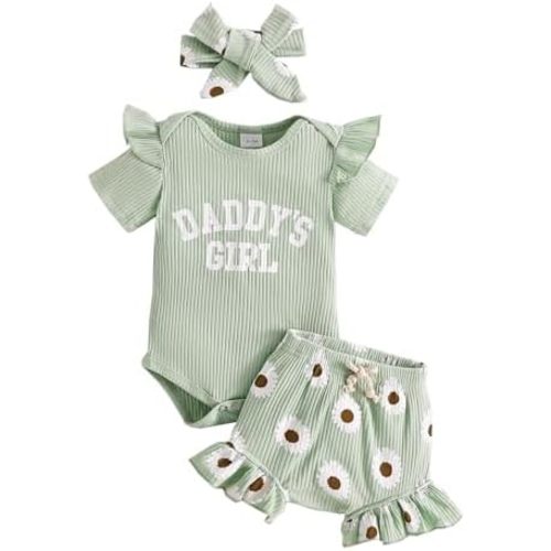 Tsnbre Newborn Infant Baby Girl Clothes Mamas Girl 3PC Summer Outfit Set Ruffle Short Sleeve Romper Floral Shorts Headband