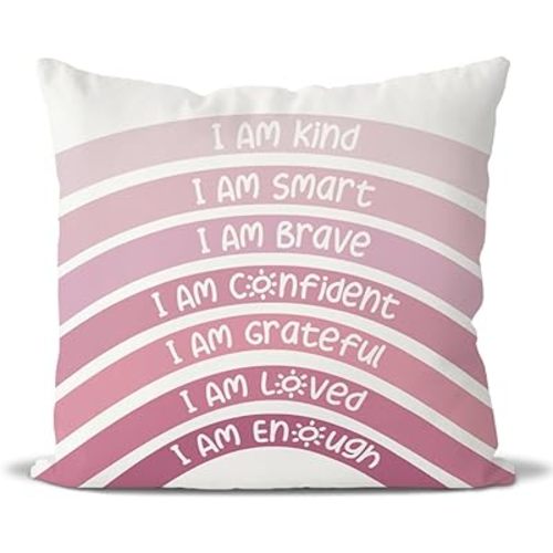 QIYUHOY Boho Rainbow Classroom Throw Pillow Covers, Book Center Calming Corner Playroom Decor Pillow Case, Pink Pillow Cover, I Am Kind Smart Brave Confidence 18x18 Inch Pillowcase(Pink)