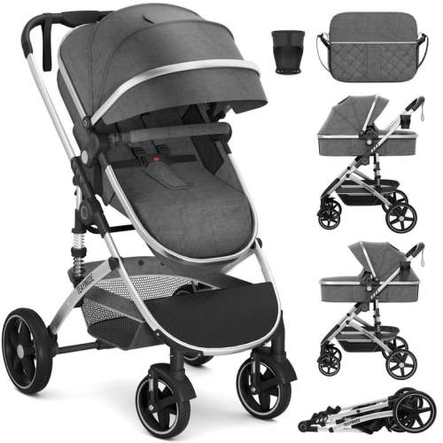 TEAYINGDE 2 in 1 Baby Stroller,Foldable Lightweight Carriage Reversible Bassinet Pram for Toddler,Travel Stroller with with Cup Holder、Storage Bag,Gray