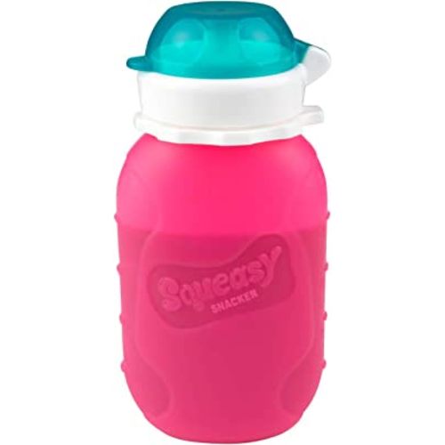 Pink 6 oz Squeasy Snacker Spill Proof Silicone Reusable Food Pouch - for Both Soft Foods and Liquids - Water, Apple Sauce, Yogurt, Smoothies, Baby Food - Dishwasher Safe