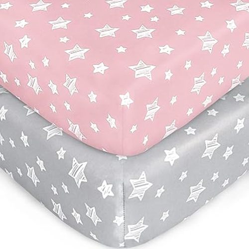 Crib Sheets for Girls 2 Pack, Fitted Crib Sheet for Standard Size Crib and Toddler Mattresses, Soft and Breathable Material, Grey & Pink