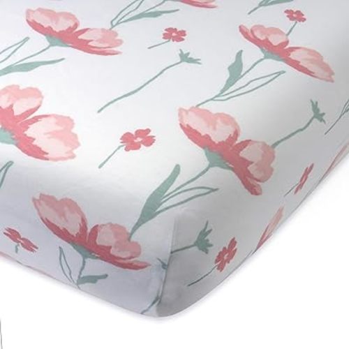 HonestBaby Fitted Crib Sheets Fits Standard Mattress Bassinet, Mini Prints 100% Organic Cotton Baby Boys, Girls, Unisex, Strawberry Pink Floral, One Size