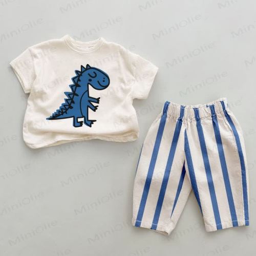 Baby Blue Dinosaur Vertical Striped 2-piece Set