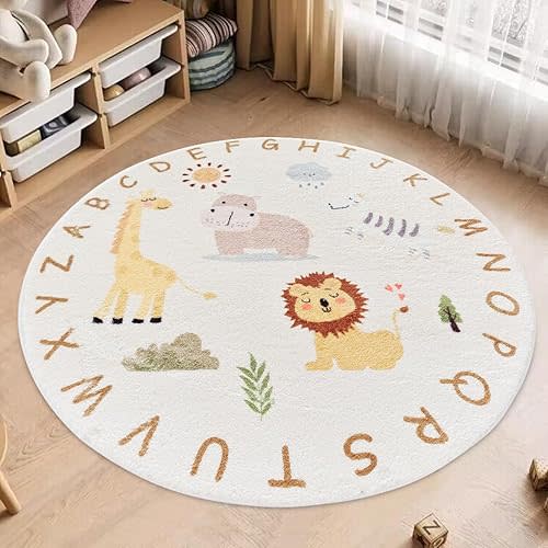 Poowe Round Kids Playroom Rug - Lovely Zoo Nursery Rug for Bedroom - Playtime Collection, Learning & Game Carpet for Classroom, Best Shower Gift for Infant Toddlers（Round 47.2"