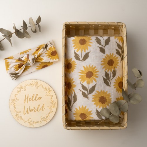 Miaoberry Vintage Sunflower Swaddling Blanket for Baby Girls |100% Organic Cotton Muslin with Matching Bow | Fall Floral