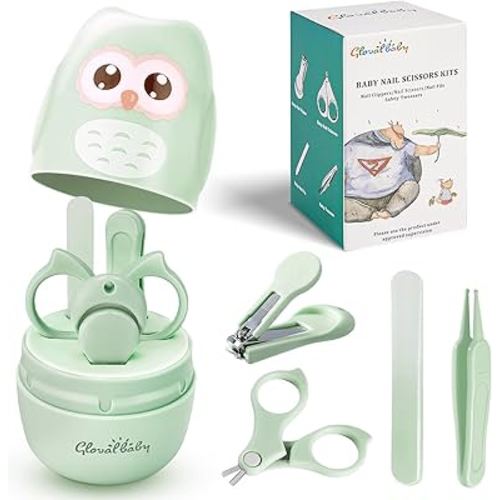 Baby Nail Kit, Baby Manicure Kit and Pedicure with Cute Owl Shape Case. Baby Nail Clipper, Scissor, Nail File & Tweezer for Newborn, Infant & Toddler, Mothers Day Gifts(Green)