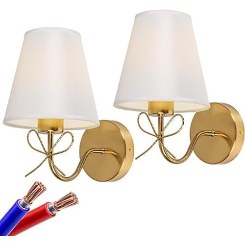 Antique Brass Wall Sconces Set of Two, Bow Sconces Decor Gold Wall Lights Brass Brushed Gold Sconce with Fabric Shade, E26 110V Hardwired Wall Lamps for Girl Bedroom, Living Room, Nursery Room