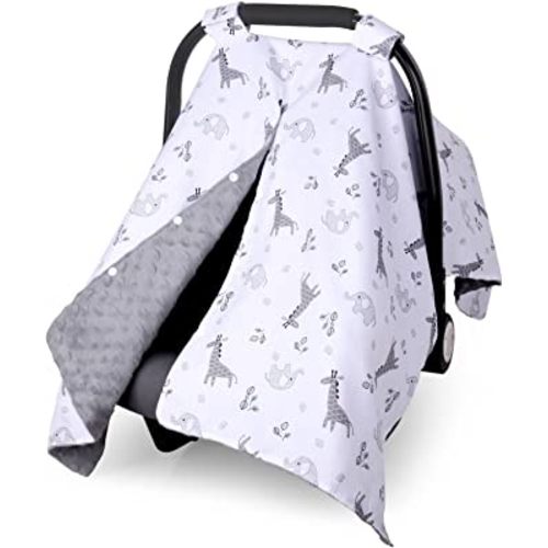 Metplus 2 in 1 Baby Car Seat Cover, Car Seat Canopy for Babies, Mom Nursing Cover, Minky Baby Carrier Covers, Newborn Boy Girl Shower Gift, Elephant Giraffe