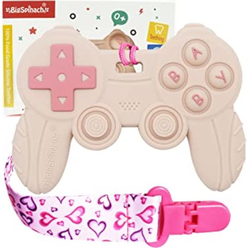 Cool Remote Game Control Teething Toy for Babies 0-6 6-12 Months,Game Controller Teether for Gamer Parents,Baby's First Valentines Day Gifts,Silicone Remote Chew Toys(Pink