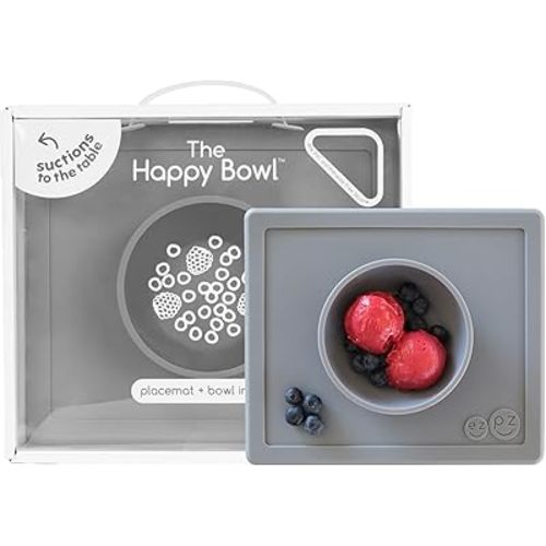 ezpz Happy Bowl - 24 Months + (Gray) - 100% Silicone Suction Bowl with Built-in Placemat – Dishwasher Safe