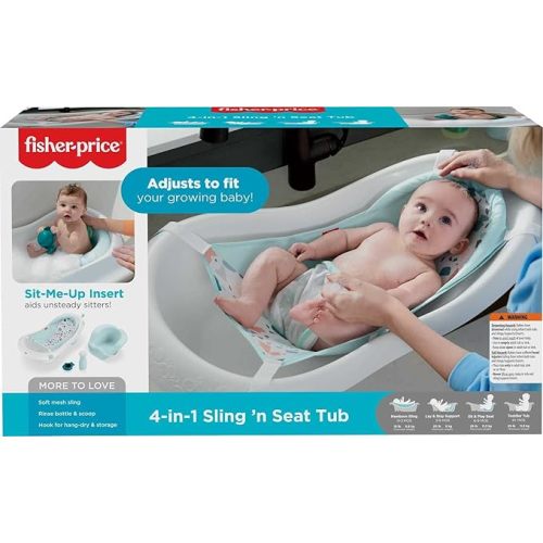 Fisher-Price Baby to Toddler Bath 4-in-1 Sling ‘n Seat Tub with Removable Infant Support and 2 Toys, Pacific Pebble