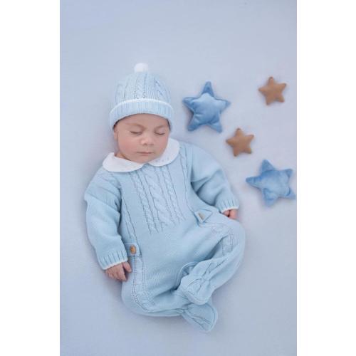 Wooden waist buttons cable knit stripes romper knitted set in sky Blue