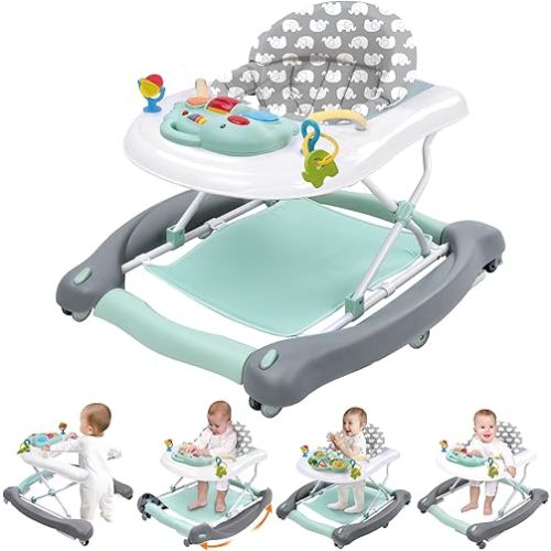 Foldable Baby 5-in-1 Activity Walker - Rocker, Activity Center, Bouncer, Seat Walker, Push Walker - Adjustable Speed Rear Wheels and Height Toys Ages 6-18 Months… (Blue)