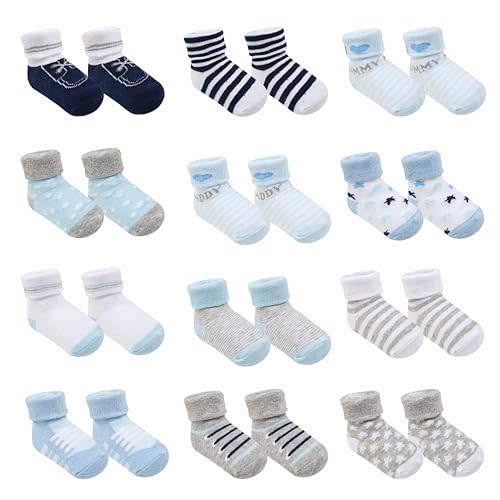 Baby Socks 12 Pairs - Non-Slip Infant Grip for Newborns & Toddlers 0-6 Months, Boys & Girls, Safe for Walking