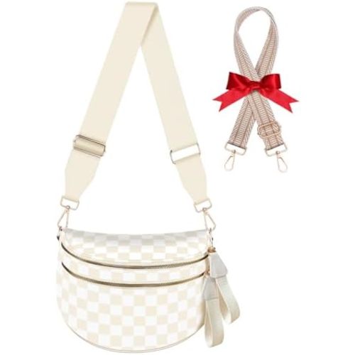 Checkered Crossbody Bag Bum Bags for Women Large Nylon Checkered Purse Fanny Packs Sling Bag, Bonus with a Extra Strap